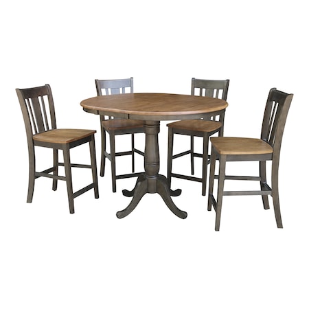 International Concepts Round 36 in Rd Extension Dining table, 4 San Remo counterHt stools, Hickory/Coal, 36 W, 48 L, Wood K45-36RXT-6B-S102-4